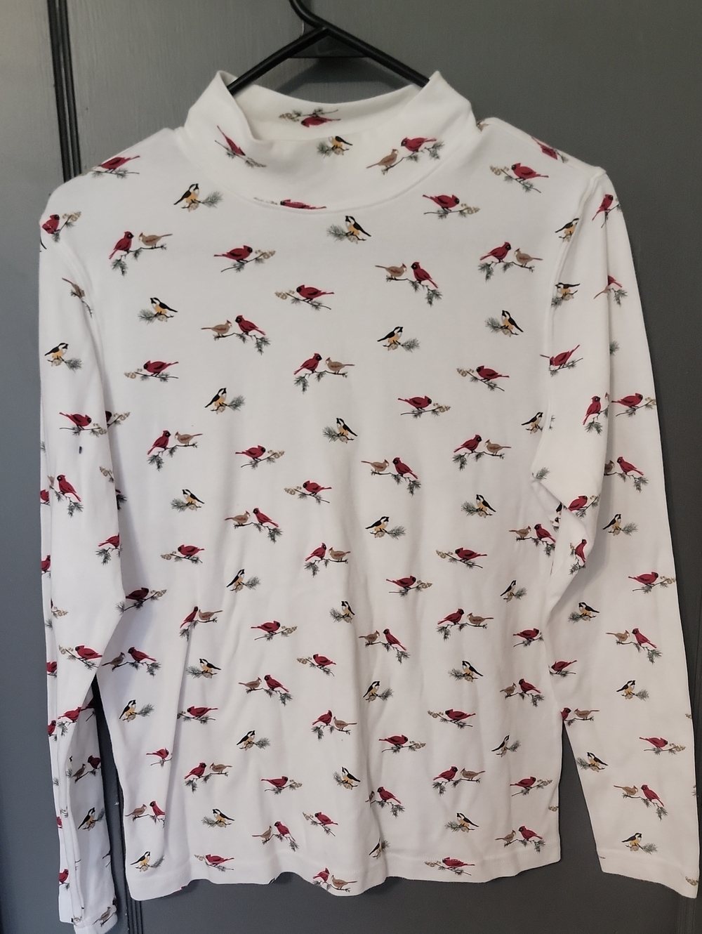 Rebecca Malone White Mock Neck Long Sleeve Top with Red & Brown Bird Print PL